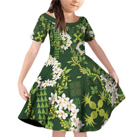 Mokihana Maile and Ilima Leis Family Matching Off Shoulder Short Dress and Hawaiian Shirt Omaʻomaʻo Hawaiian Tapa Quilt Pattern - Polynesian Pride