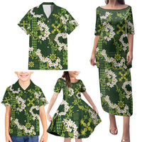 Mokihana Maile and Ilima Leis Family Matching Puletasi and Hawaiian Shirt Omaʻomaʻo Hawaiian Tapa Quilt Pattern - Polynesian Pride