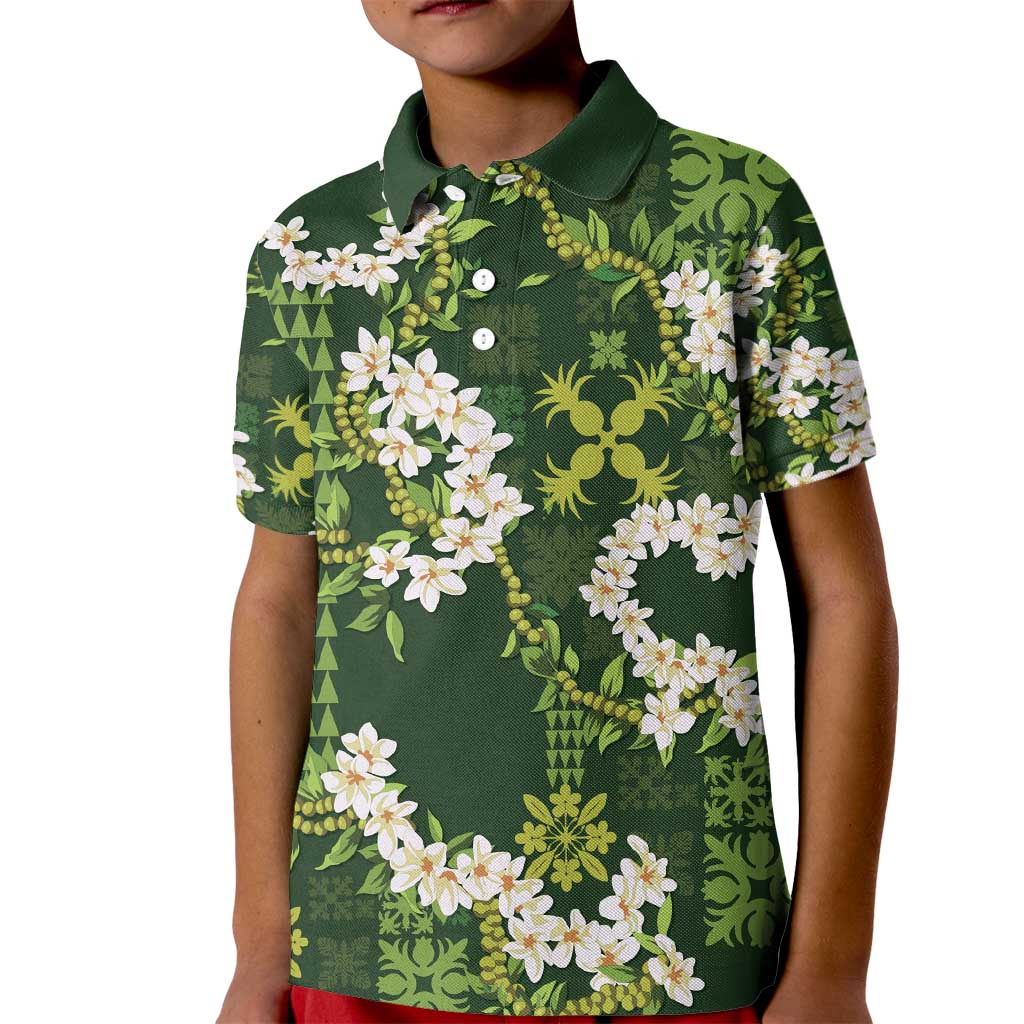 Mokihana Maile and Ilima Leis Kid Polo Shirt Omaʻomaʻo Hawaiian Tapa Quilt Pattern - Polynesian Pride