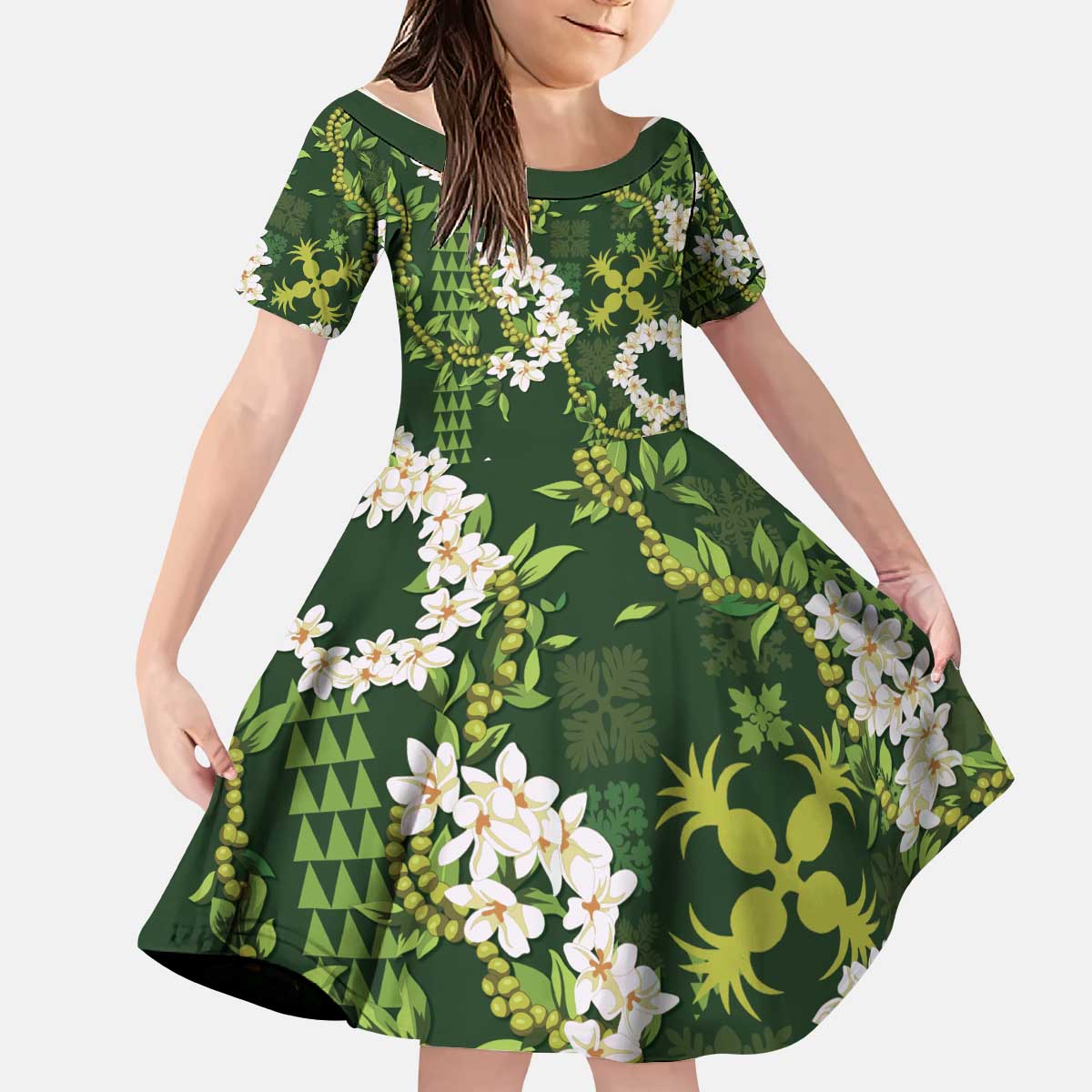 Mokihana Maile and Ilima Leis Kid Short Sleeve Dress Omaʻomaʻo Hawaiian Tapa Quilt Pattern - Polynesian Pride