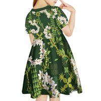Mokihana Maile and Ilima Leis Kid Short Sleeve Dress Omaʻomaʻo Hawaiian Tapa Quilt Pattern - Polynesian Pride