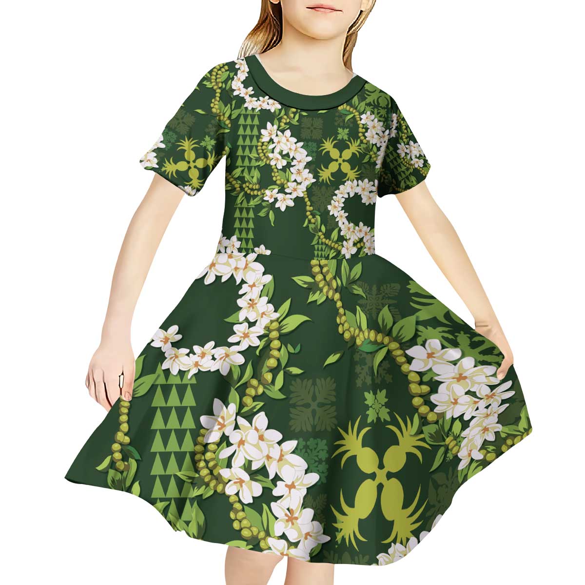 Mokihana Maile and Ilima Leis Kid Short Sleeve Dress Omaʻomaʻo Hawaiian Tapa Quilt Pattern - Polynesian Pride