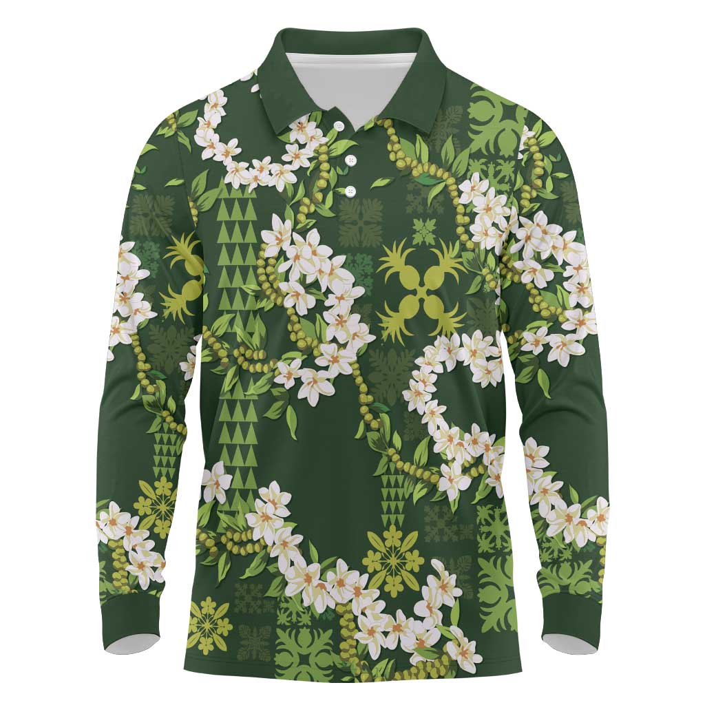 Mokihana Maile and Ilima Leis Long Sleeve Polo Shirt Omaʻomaʻo Hawaiian Tapa Quilt Pattern - Polynesian Pride