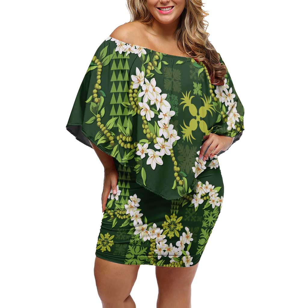 Mokihana Maile and Ilima Leis Off Shoulder Short Dress Omaʻomaʻo Hawaiian Tapa Quilt Pattern - Polynesian Pride