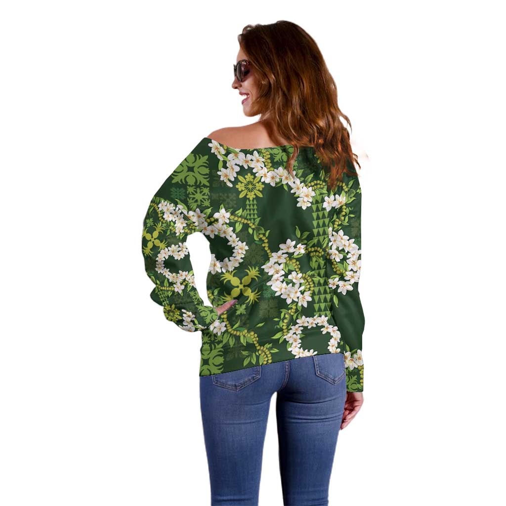 Mokihana Maile and Ilima Leis Off Shoulder Sweater Omaʻomaʻo Hawaiian Tapa Quilt Pattern - Polynesian Pride