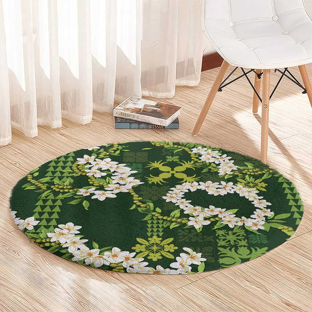 Mokihana Maile and Ilima Leis Round Carpet Omaʻomaʻo Hawaiian Tapa Quilt Pattern - Polynesian Pride