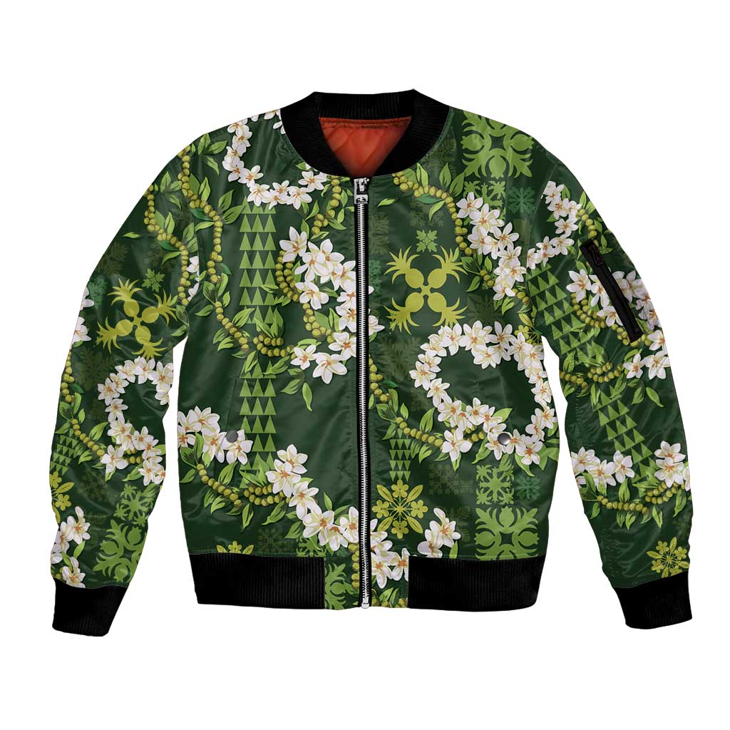 Mokihana Maile and Ilima Leis Sleeve Zip Bomber Jacket Omaʻomaʻo Hawaiian Tapa Quilt Pattern - Polynesian Pride