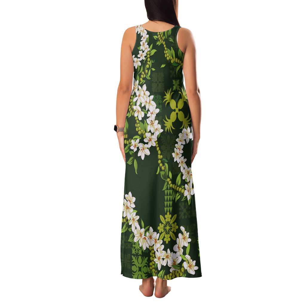 Mokihana Maile and Ilima Leis Tank Maxi Dress Omaʻomaʻo Hawaiian Tapa Quilt Pattern - Polynesian Pride