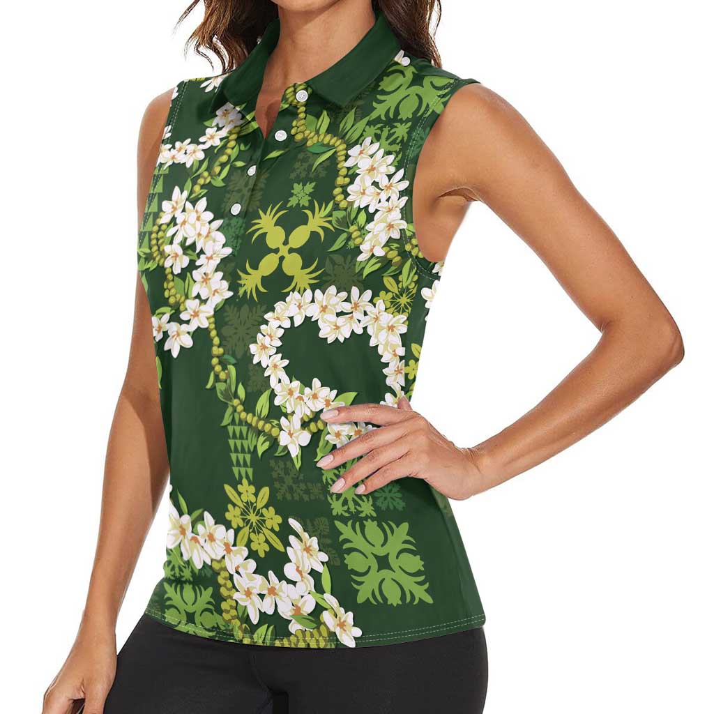 Mokihana Maile and Ilima Leis Women Sleeveless Polo Shirt Omaʻomaʻo Hawaiian Tapa Quilt Pattern - Polynesian Pride