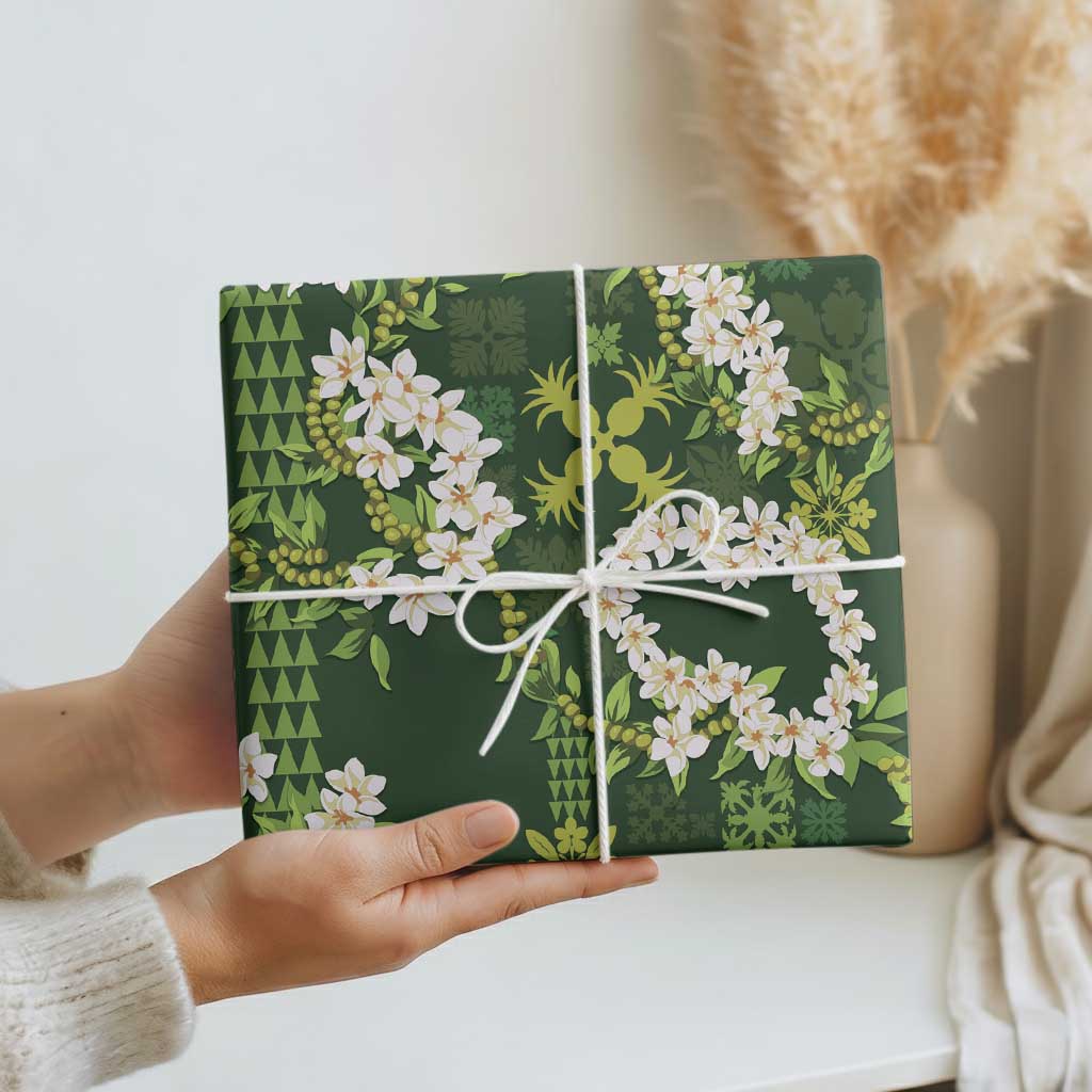 Mokihana Maile and Ilima Leis Wrapping Paper Omaʻomaʻo Hawaiian Tapa Quilt Pattern - Polynesian Pride