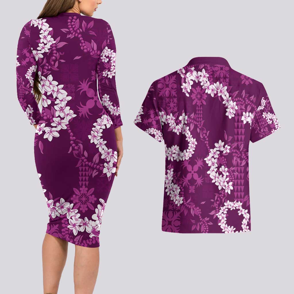 Mokihana Maile and Ilima Leis Couples Matching Long Sleeve Bodycon Dress and Hawaiian Shirt Akala Hawaiian Tapa Quilt Pattern - Polynesian Pride