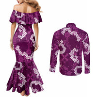 Mokihana Maile and Ilima Leis Couples Matching Mermaid Dress and Long Sleeve Button Shirt Akala Hawaiian Tapa Quilt Pattern - Polynesian Pride