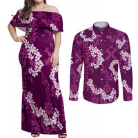 Mokihana Maile and Ilima Leis Couples Matching Off Shoulder Maxi Dress and Long Sleeve Button Shirt Akala Hawaiian Tapa Quilt Pattern - Polynesian Pride