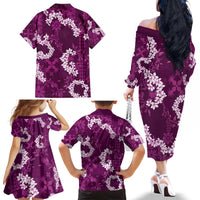Mokihana Maile and Ilima Leis Family Matching Off The Shoulder Long Sleeve Dress and Hawaiian Shirt Akala Hawaiian Tapa Quilt Pattern - Polynesian Pride