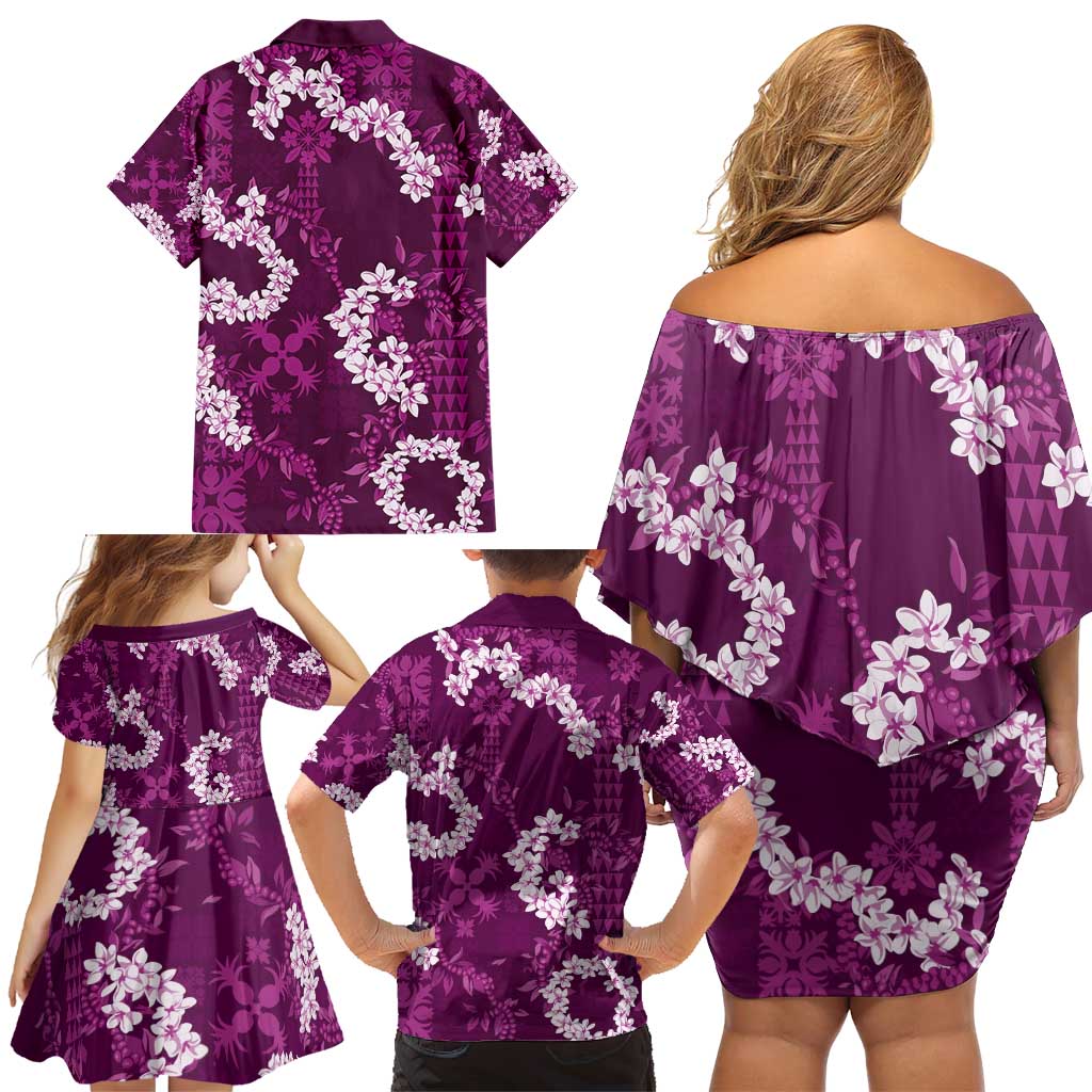 Mokihana Maile and Ilima Leis Family Matching Off Shoulder Short Dress and Hawaiian Shirt Akala Hawaiian Tapa Quilt Pattern - Polynesian Pride