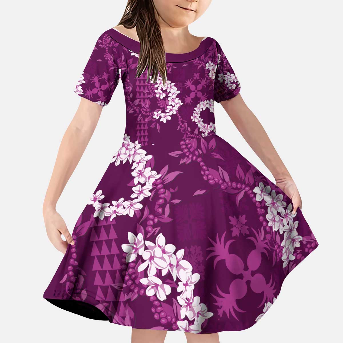 Mokihana Maile and Ilima Leis Kid Short Sleeve Dress Akala Hawaiian Tapa Quilt Pattern - Polynesian Pride