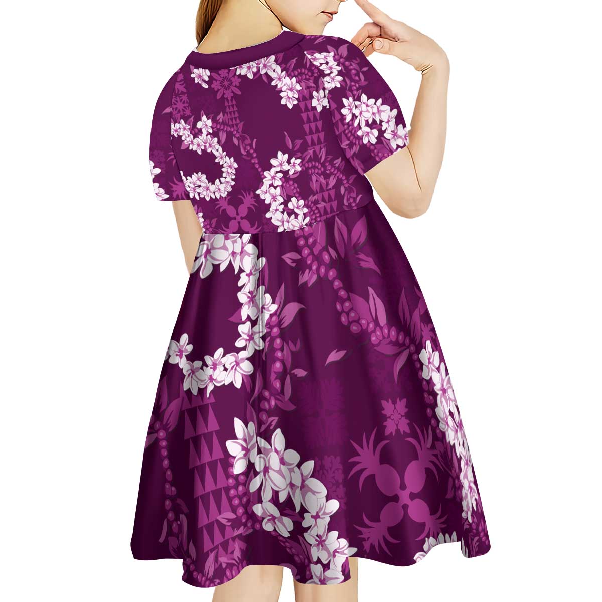 Mokihana Maile and Ilima Leis Kid Short Sleeve Dress Akala Hawaiian Tapa Quilt Pattern - Polynesian Pride