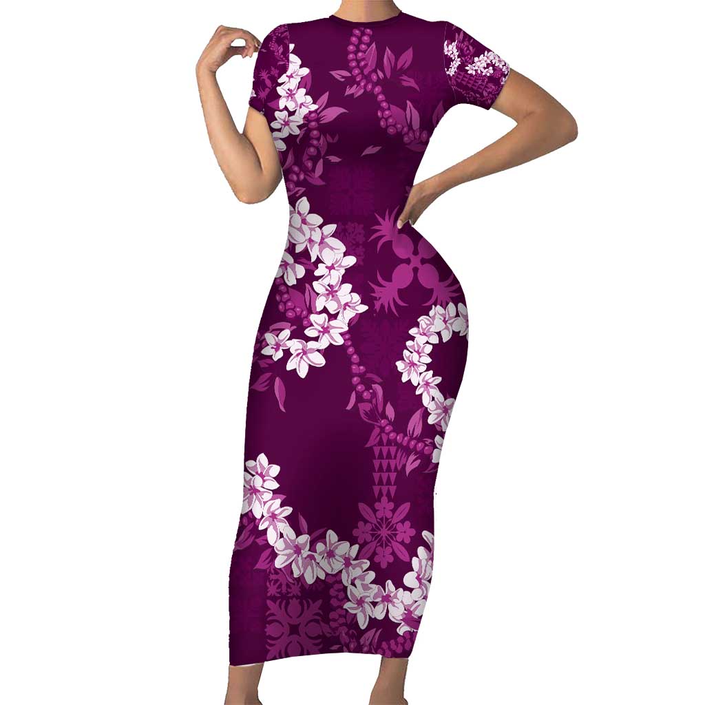 Mokihana Maile and Ilima Leis Short Sleeve Bodycon Dress Akala Hawaiian Tapa Quilt Pattern - Polynesian Pride
