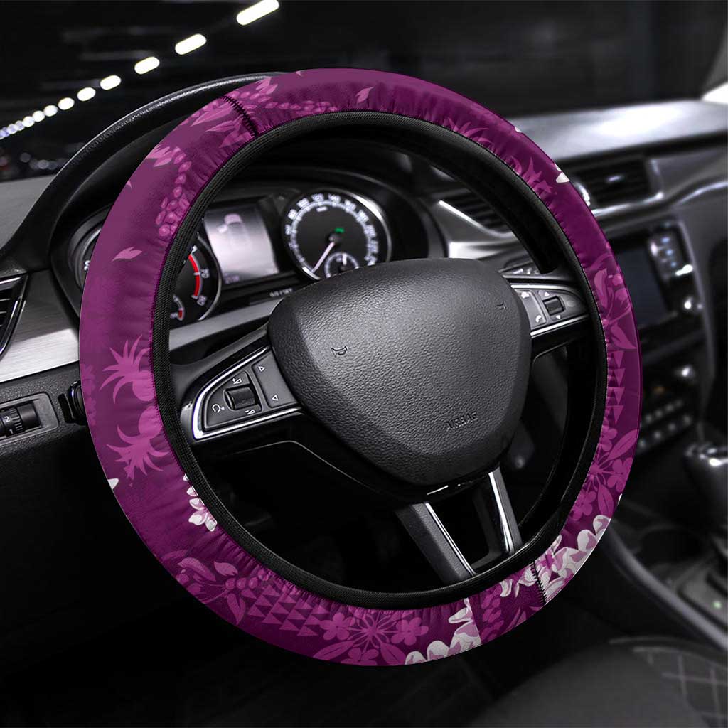 Mokihana Maile and Ilima Leis Steering Wheel Cover Akala Hawaiian Tapa Quilt Pattern - Polynesian Pride
