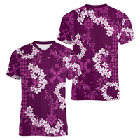 Mokihana Maile and Ilima Leis Women V-Neck T-Shirt Akala Hawaiian Tapa Quilt Pattern - Polynesian Pride