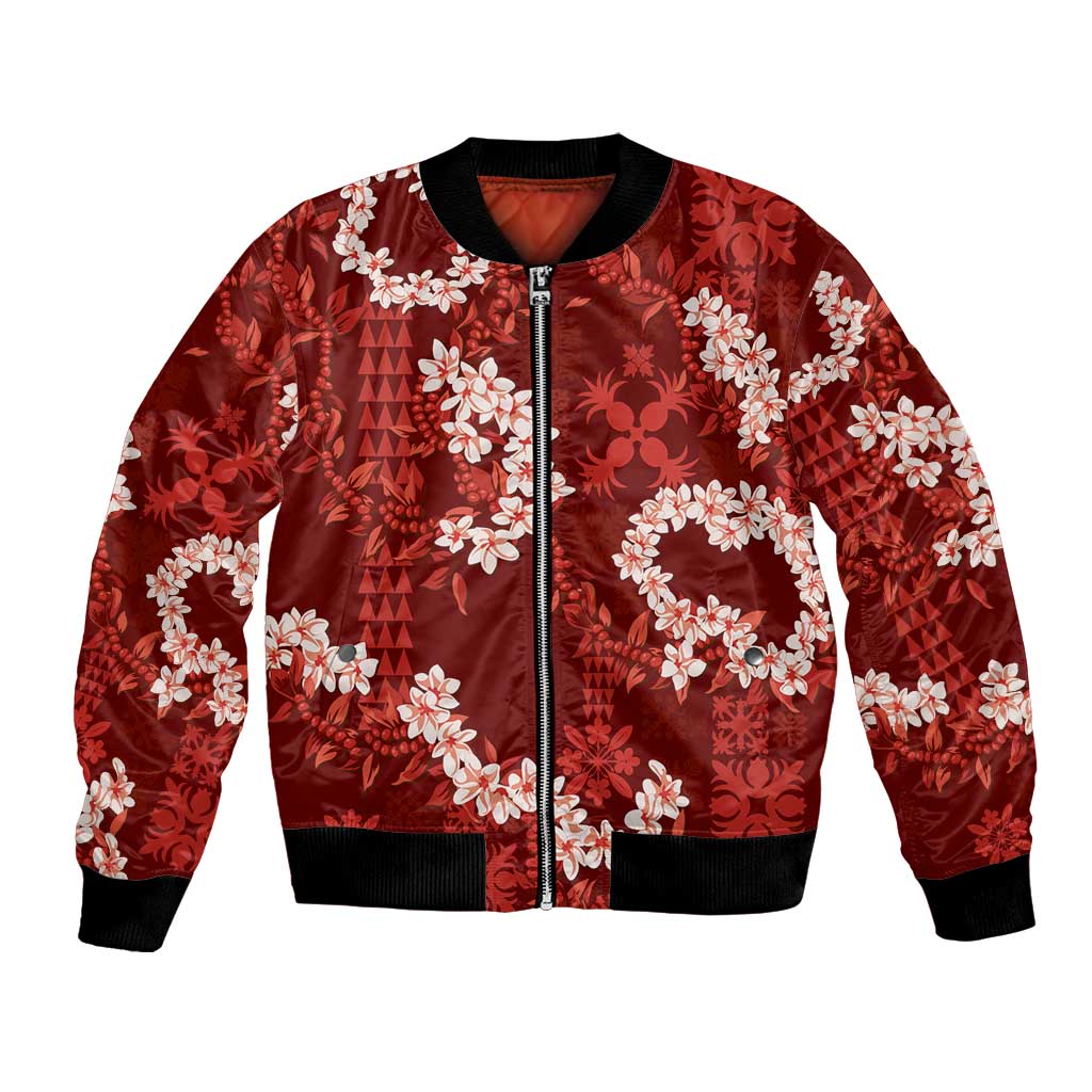 Mokihana Maile and Ilima Leis Bomber Jacket Ulaʻula Hawaiian Tapa Quilt Pattern - Polynesian Pride