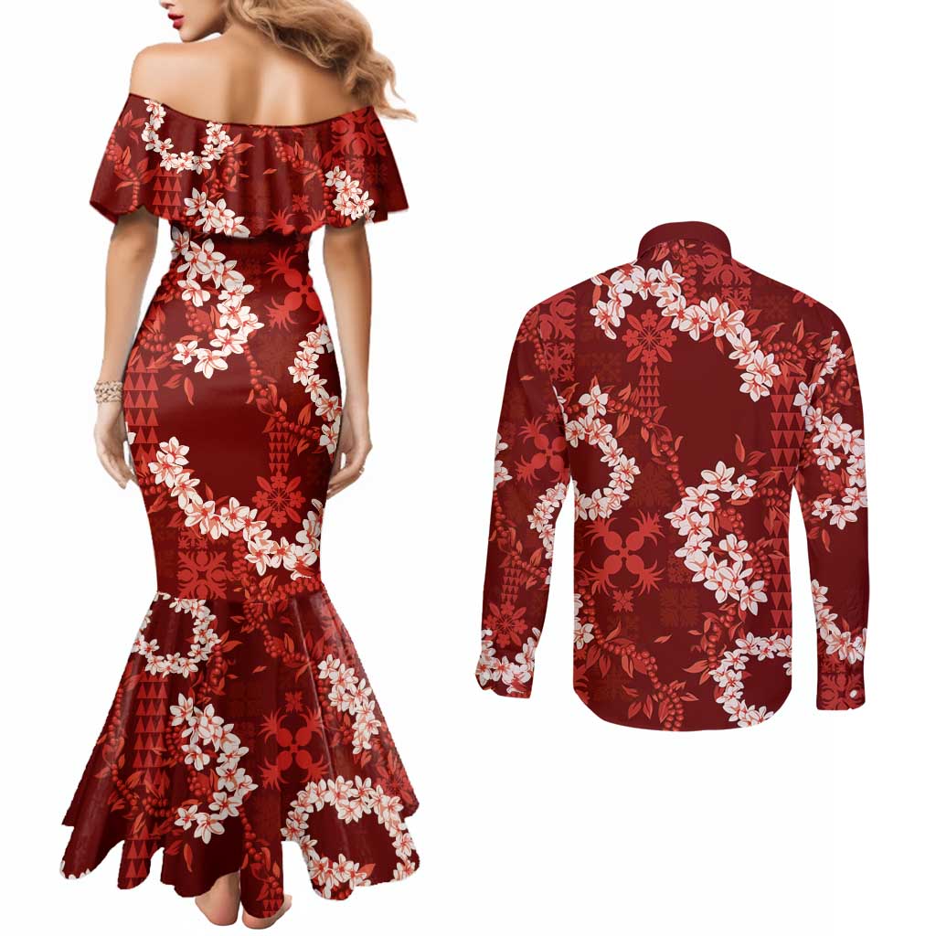 Mokihana Maile and Ilima Leis Couples Matching Mermaid Dress and Long Sleeve Button Shirt Ulaʻula Hawaiian Tapa Quilt Pattern - Polynesian Pride