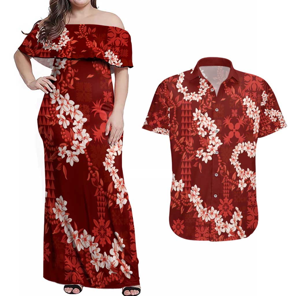 Mokihana Maile and Ilima Leis Couples Matching Off Shoulder Maxi Dress and Hawaiian Shirt Ulaʻula Hawaiian Tapa Quilt Pattern - Polynesian Pride