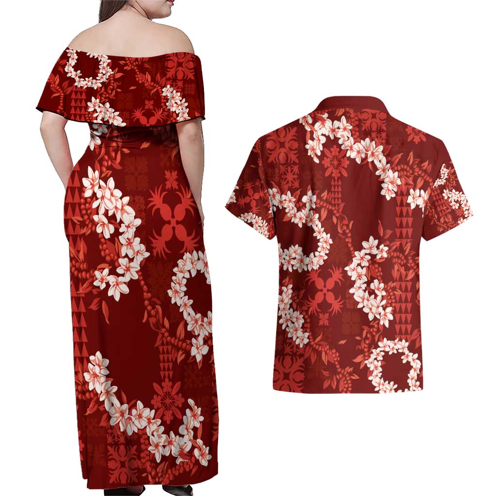 Mokihana Maile and Ilima Leis Couples Matching Off Shoulder Maxi Dress and Hawaiian Shirt Ulaʻula Hawaiian Tapa Quilt Pattern - Polynesian Pride