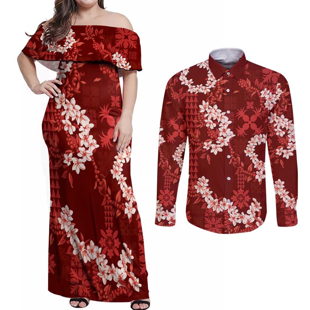 Mokihana Maile and Ilima Leis Couples Matching Off Shoulder Maxi Dress and Long Sleeve Button Shirt Ulaʻula Hawaiian Tapa Quilt Pattern - Polynesian Pride