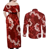 Mokihana Maile and Ilima Leis Couples Matching Off Shoulder Maxi Dress and Long Sleeve Button Shirt Ulaʻula Hawaiian Tapa Quilt Pattern - Polynesian Pride