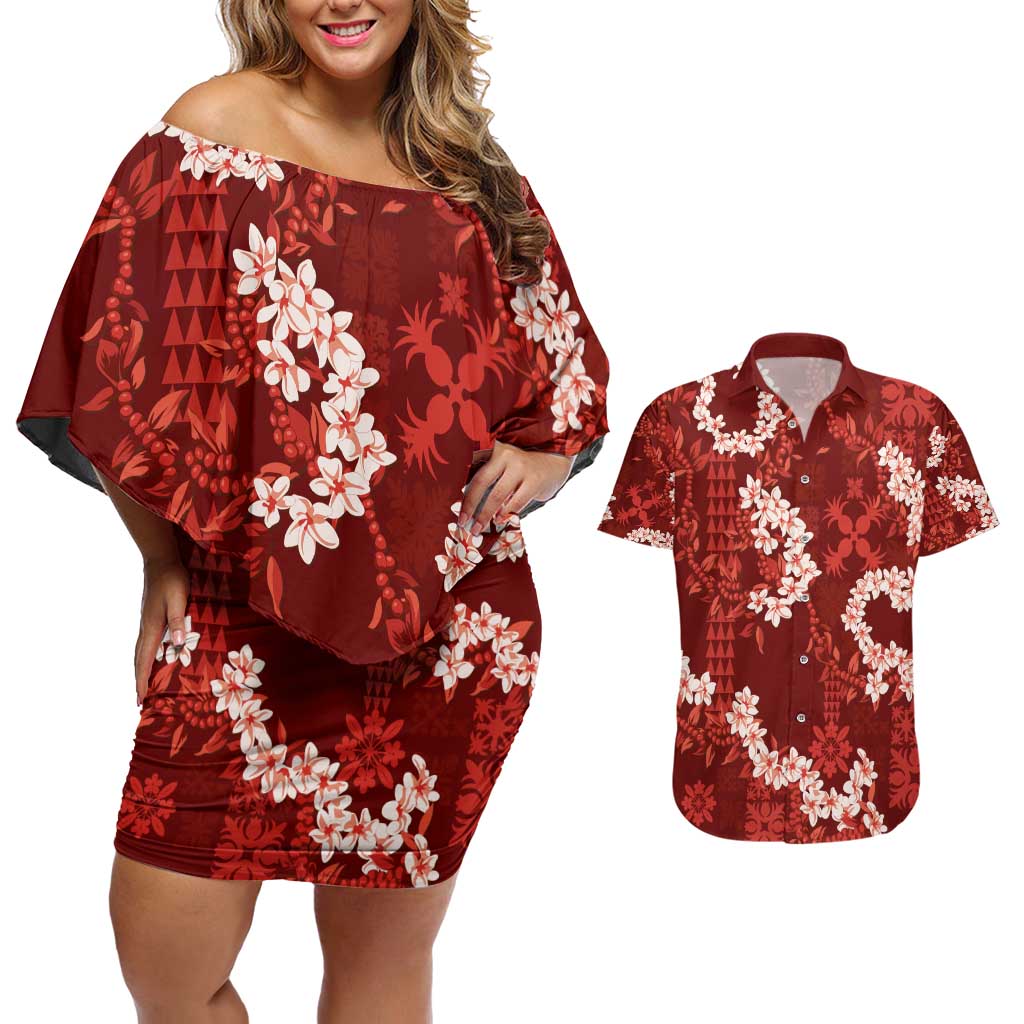 Mokihana Maile and Ilima Leis Couples Matching Off Shoulder Short Dress and Hawaiian Shirt Ulaʻula Hawaiian Tapa Quilt Pattern - Polynesian Pride