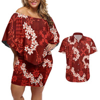 Mokihana Maile and Ilima Leis Couples Matching Off Shoulder Short Dress and Hawaiian Shirt Ulaʻula Hawaiian Tapa Quilt Pattern - Polynesian Pride