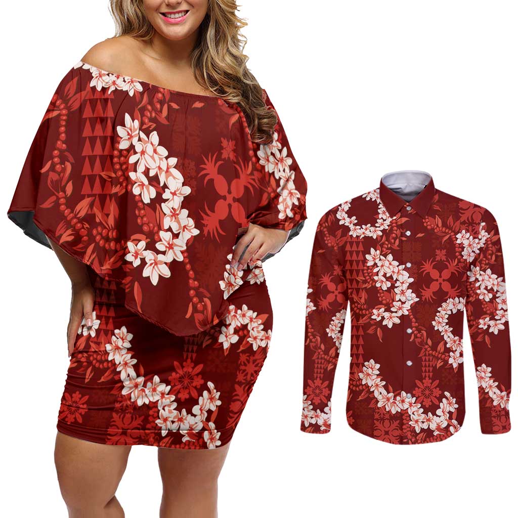 Mokihana Maile and Ilima Leis Couples Matching Off Shoulder Short Dress and Long Sleeve Button Shirt Ulaʻula Hawaiian Tapa Quilt Pattern - Polynesian Pride