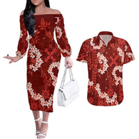 Mokihana Maile and Ilima Leis Couples Matching Off The Shoulder Long Sleeve Dress and Hawaiian Shirt Ulaʻula Hawaiian Tapa Quilt Pattern - Polynesian Pride