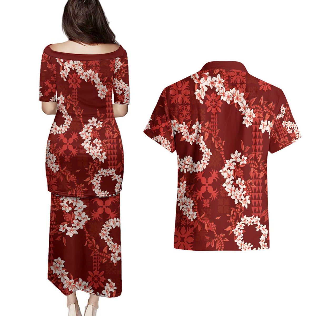 Mokihana Maile and Ilima Leis Couples Matching Puletasi and Hawaiian Shirt Ulaʻula Hawaiian Tapa Quilt Pattern - Polynesian Pride