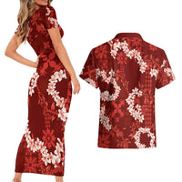 Mokihana Maile and Ilima Leis Couples Matching Short Sleeve Bodycon Dress and Hawaiian Shirt Ulaʻula Hawaiian Tapa Quilt Pattern - Polynesian Pride
