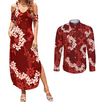 Mokihana Maile and Ilima Leis Couples Matching Summer Maxi Dress and Long Sleeve Button Shirt Ulaʻula Hawaiian Tapa Quilt Pattern - Polynesian Pride