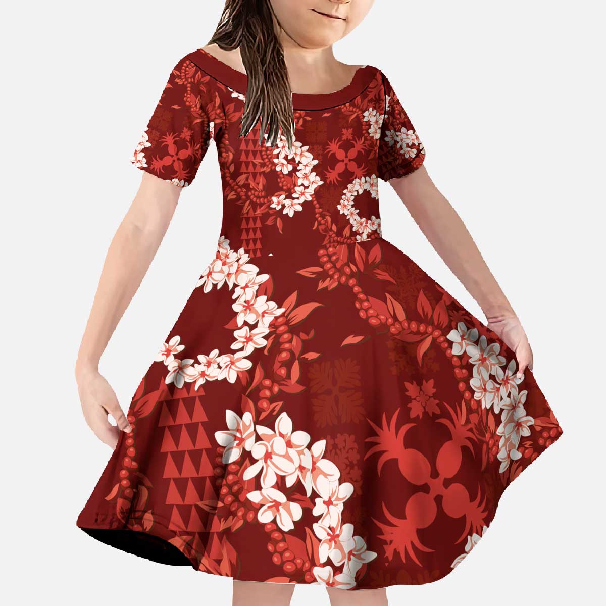 Mokihana Maile and Ilima Leis Family Matching Off The Shoulder Long Sleeve Dress and Hawaiian Shirt Ulaʻula Hawaiian Tapa Quilt Pattern - Polynesian Pride