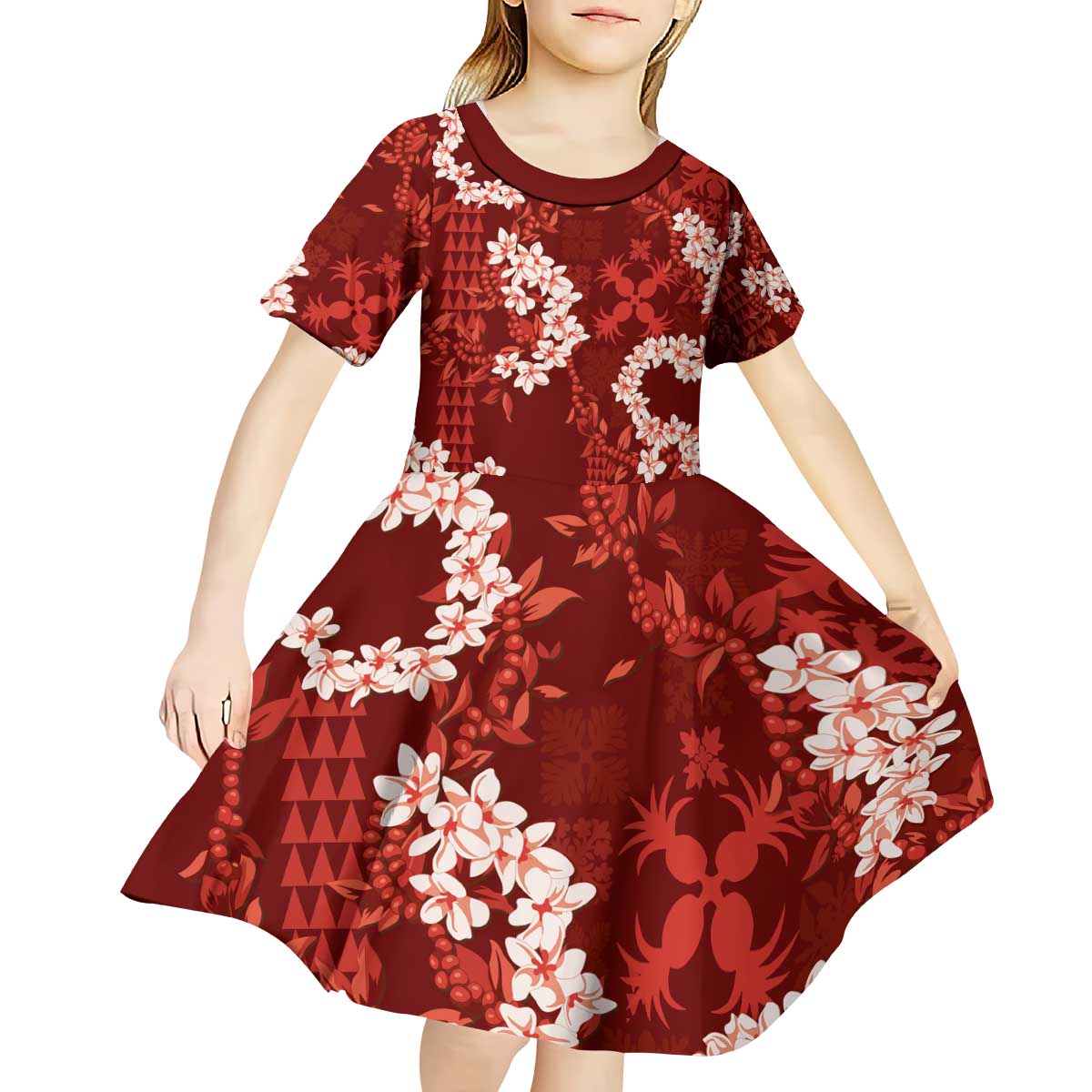 Mokihana Maile and Ilima Leis Kid Short Sleeve Dress Ulaʻula Hawaiian Tapa Quilt Pattern - Polynesian Pride