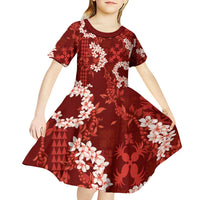 Mokihana Maile and Ilima Leis Kid Short Sleeve Dress Ulaʻula Hawaiian Tapa Quilt Pattern - Polynesian Pride