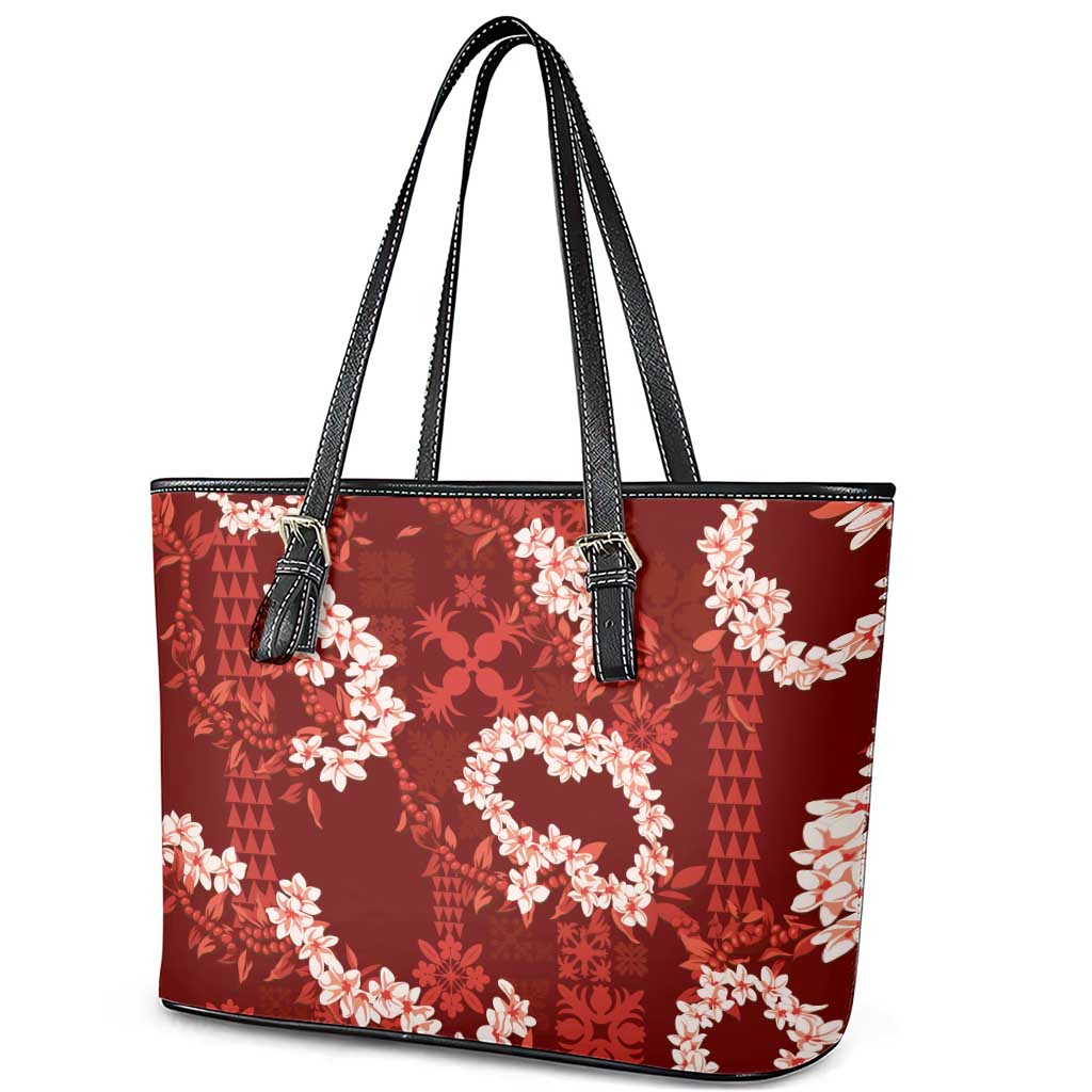 Mokihana Maile and Ilima Leis Leather Tote Bag Ulaʻula Hawaiian Tapa Quilt Pattern - Polynesian Pride