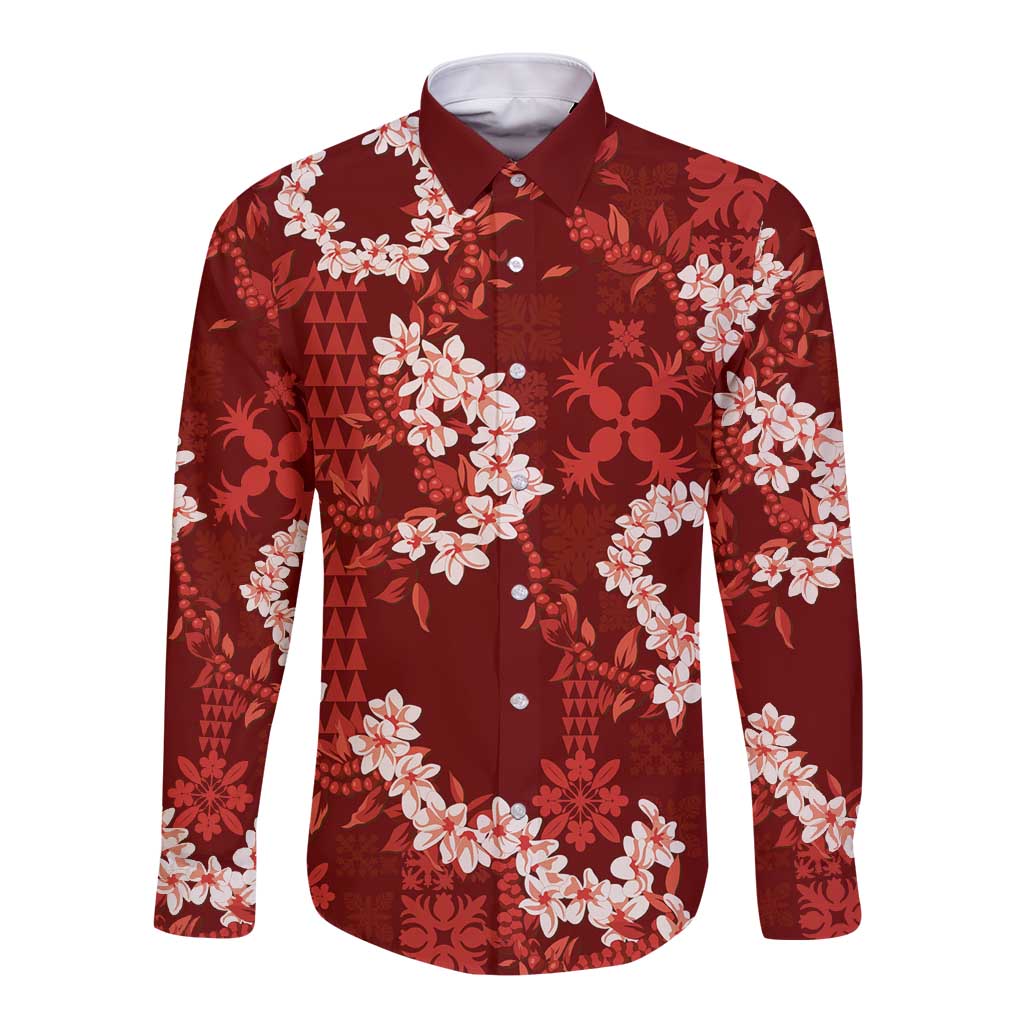 Mokihana Maile and Ilima Leis Long Sleeve Button Shirt Ulaʻula Hawaiian Tapa Quilt Pattern - Polynesian Pride