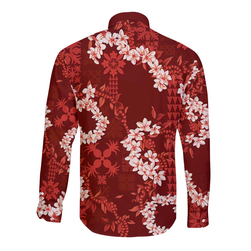 Mokihana Maile and Ilima Leis Long Sleeve Button Shirt Ulaʻula Hawaiian Tapa Quilt Pattern - Polynesian Pride
