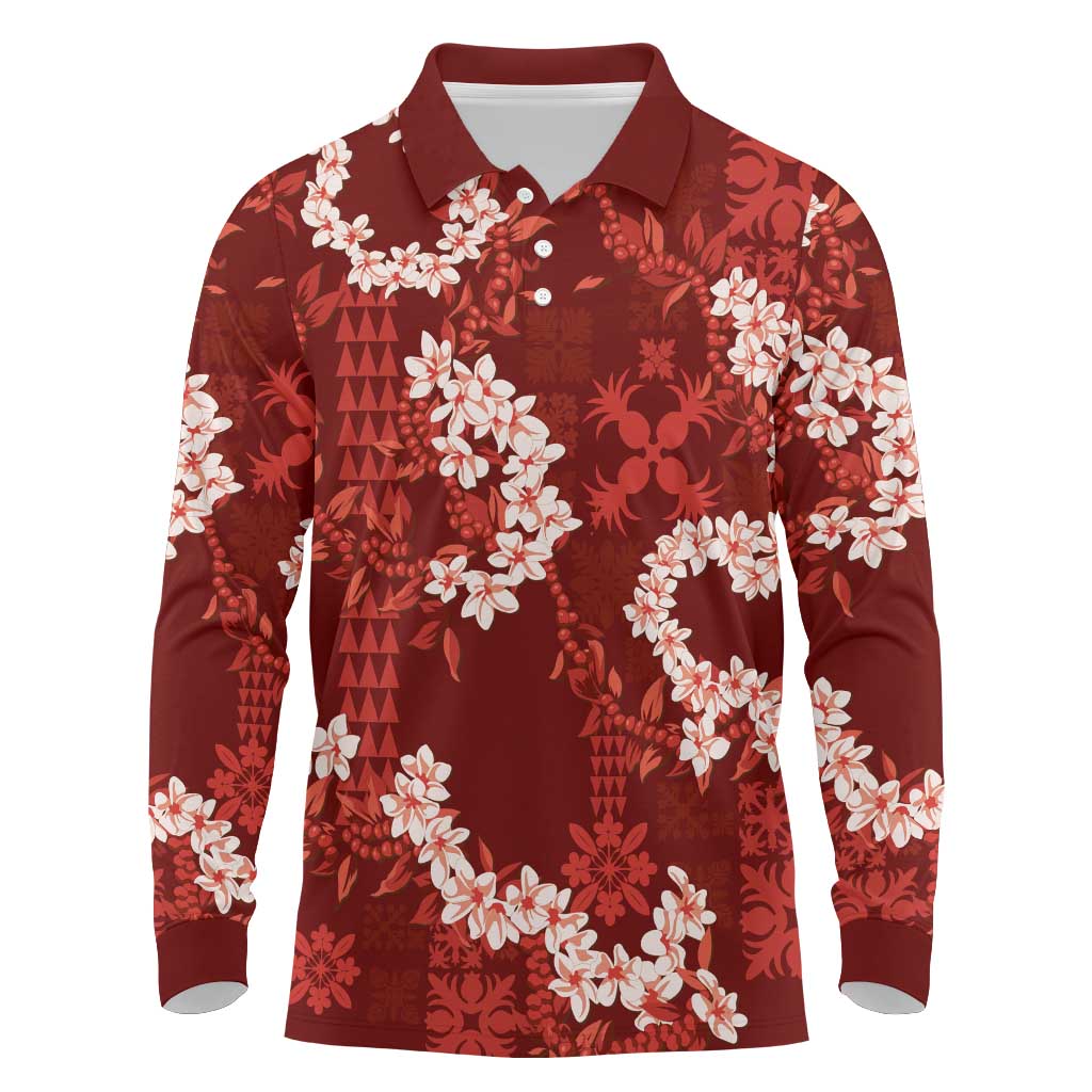 Mokihana Maile and Ilima Leis Long Sleeve Polo Shirt Ulaʻula Hawaiian Tapa Quilt Pattern - Polynesian Pride