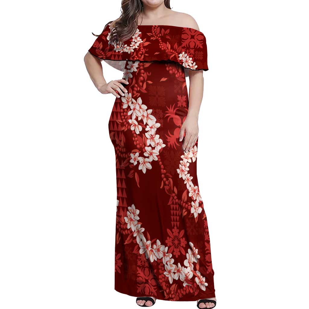 Mokihana Maile and Ilima Leis Off Shoulder Maxi Dress Ulaʻula Hawaiian Tapa Quilt Pattern - Polynesian Pride