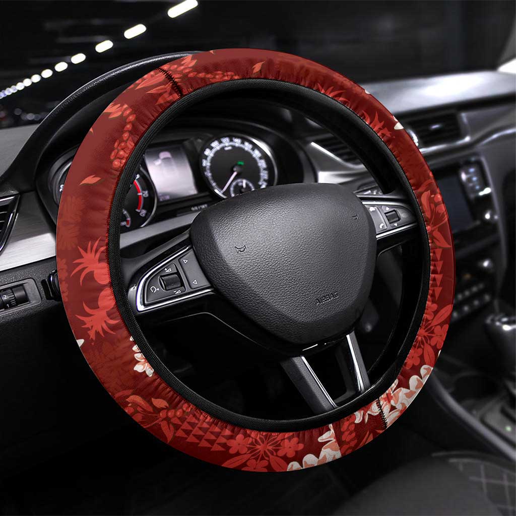 Mokihana Maile and Ilima Leis Steering Wheel Cover Ulaʻula Hawaiian Tapa Quilt Pattern - Polynesian Pride