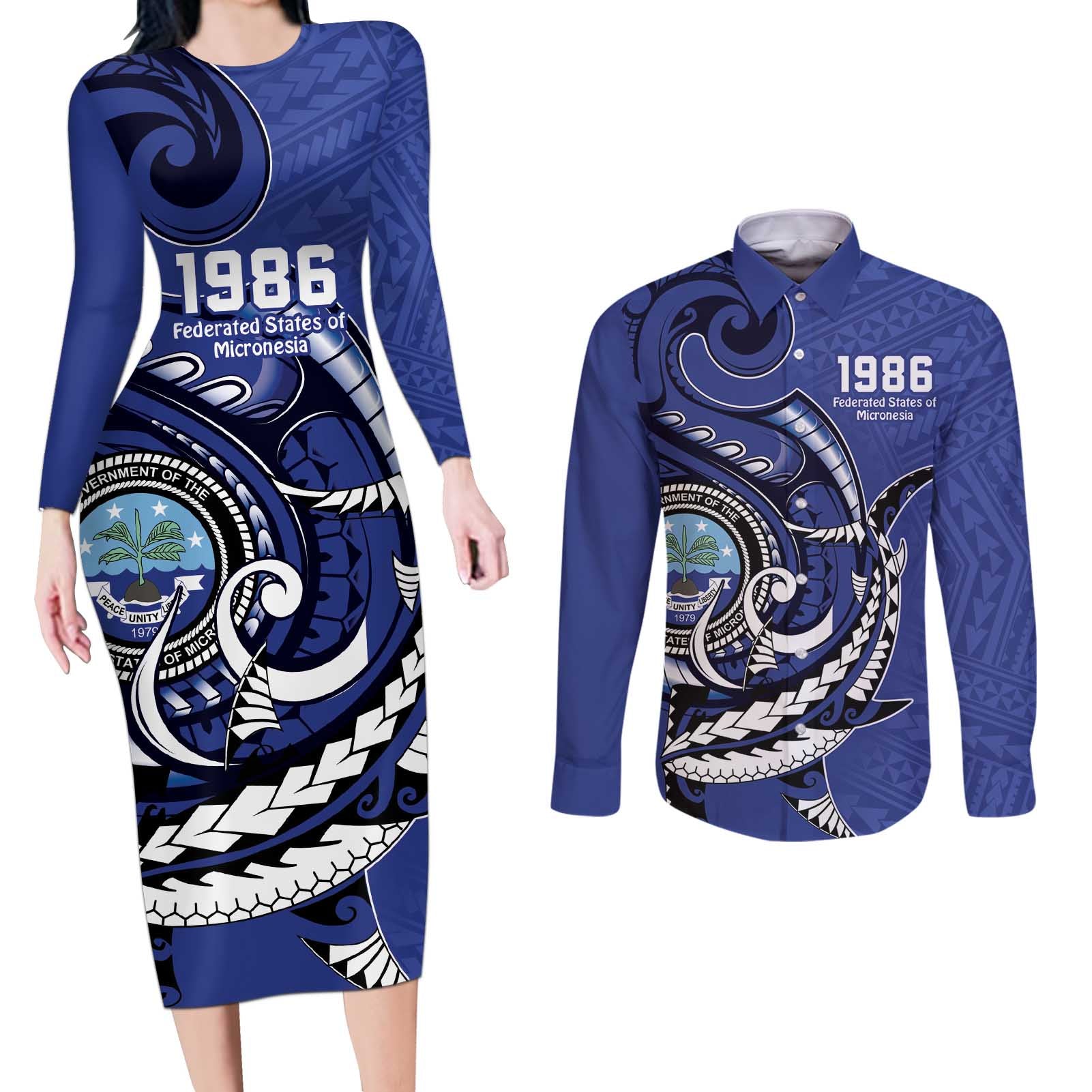 Personalized FSM 1986 Independence Day Couples Matching Long Sleeve Bodycon Dress and Long Sleeve Button Shirt Polynesian Shark Tattoo Style