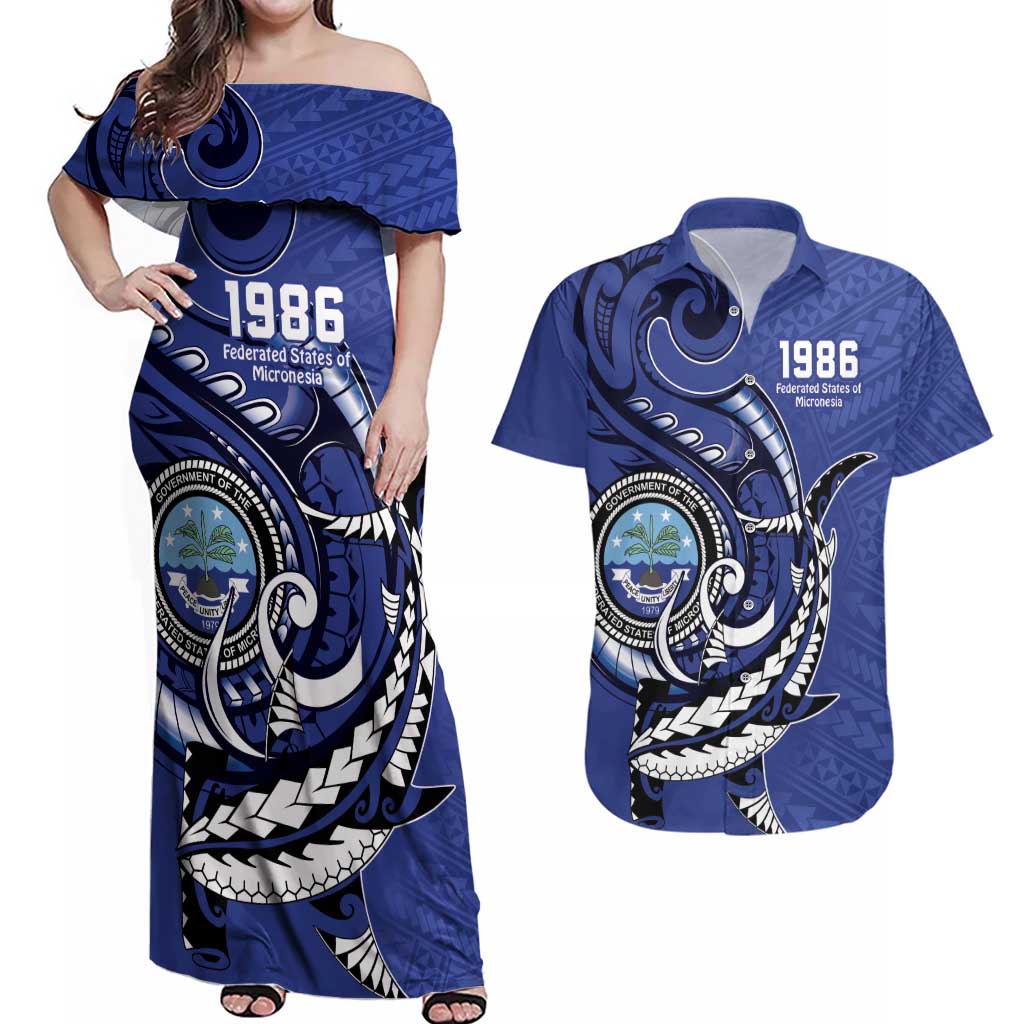 Personalized FSM 1986 Independence Day Couples Matching Off Shoulder Maxi Dress and Hawaiian Shirt Polynesian Shark Tattoo Style