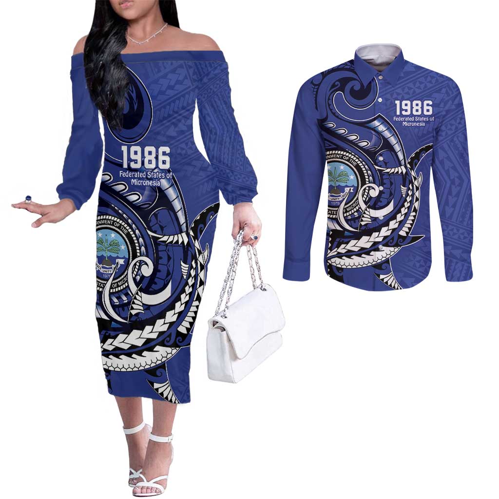 Personalized FSM 1986 Independence Day Couples Matching Off The Shoulder Long Sleeve Dress and Long Sleeve Button Shirt Polynesian Shark Tattoo Style