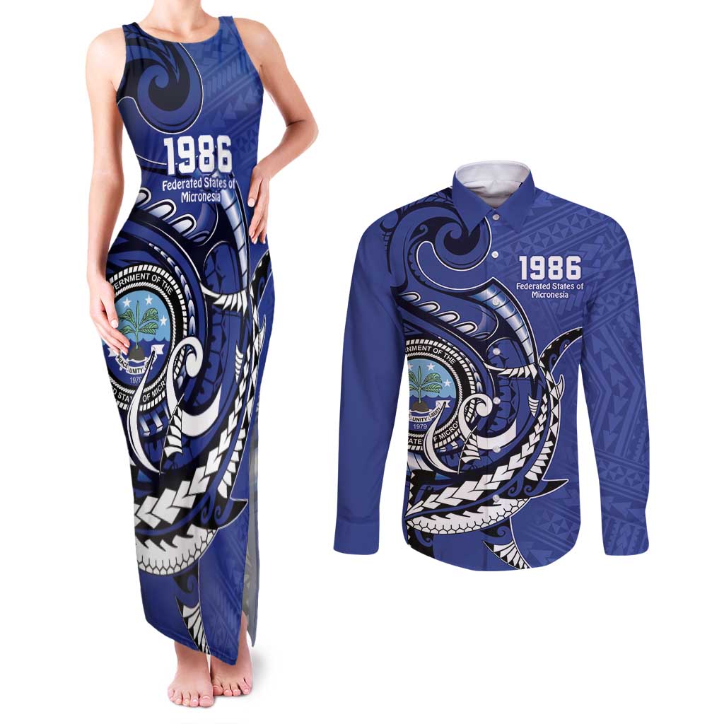 Personalized FSM 1986 Independence Day Couples Matching Tank Maxi Dress and Long Sleeve Button Shirt Polynesian Shark Tattoo Style